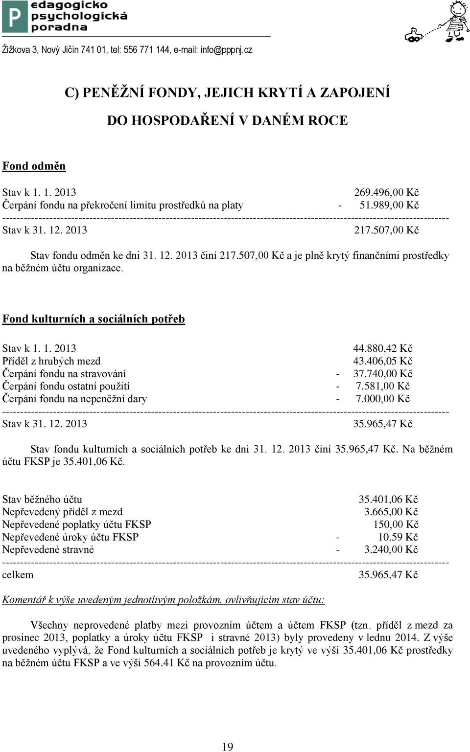 507,00 Kč a je plně krytý finančními prostředky na běžném účtu organizace. Fond kulturních a sociálních potřeb Stav k 1. 1. 2013 44.880,42 Kč Příděl z hrubých mezd 43.
