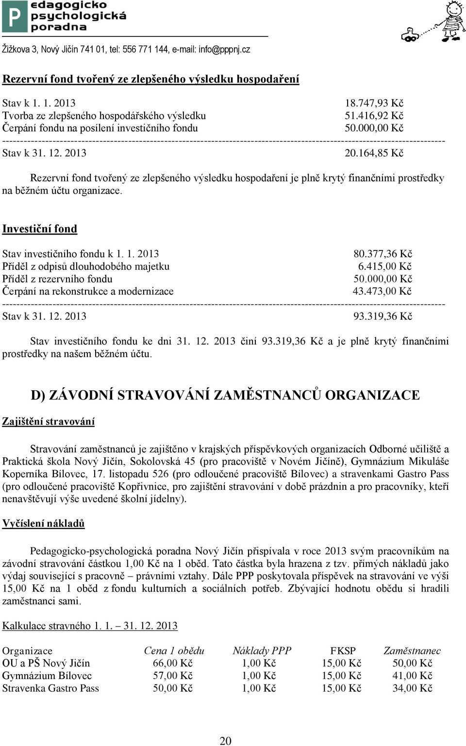 164,85 Kč Rezervní fond tvořený ze zlepšeného výsledku hospodaření je plně krytý finančními prostředky na běžném účtu organizace. Investiční fond Stav investičního fondu k 1. 1. 2013 80.