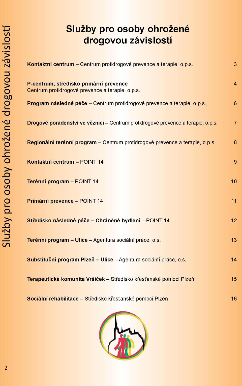 p.s. 8 Kontaktní centrum POINT 14 9 Terénní program POINT 14 10 Primární prevence POINT 14 11 Středisko následné péče Chráněné bydlení POINT 14 12 Terénní program Ulice Agentura sociální práce, o.s. 13 Substituční program Plzeň Ulice Agentura sociální práce, o.