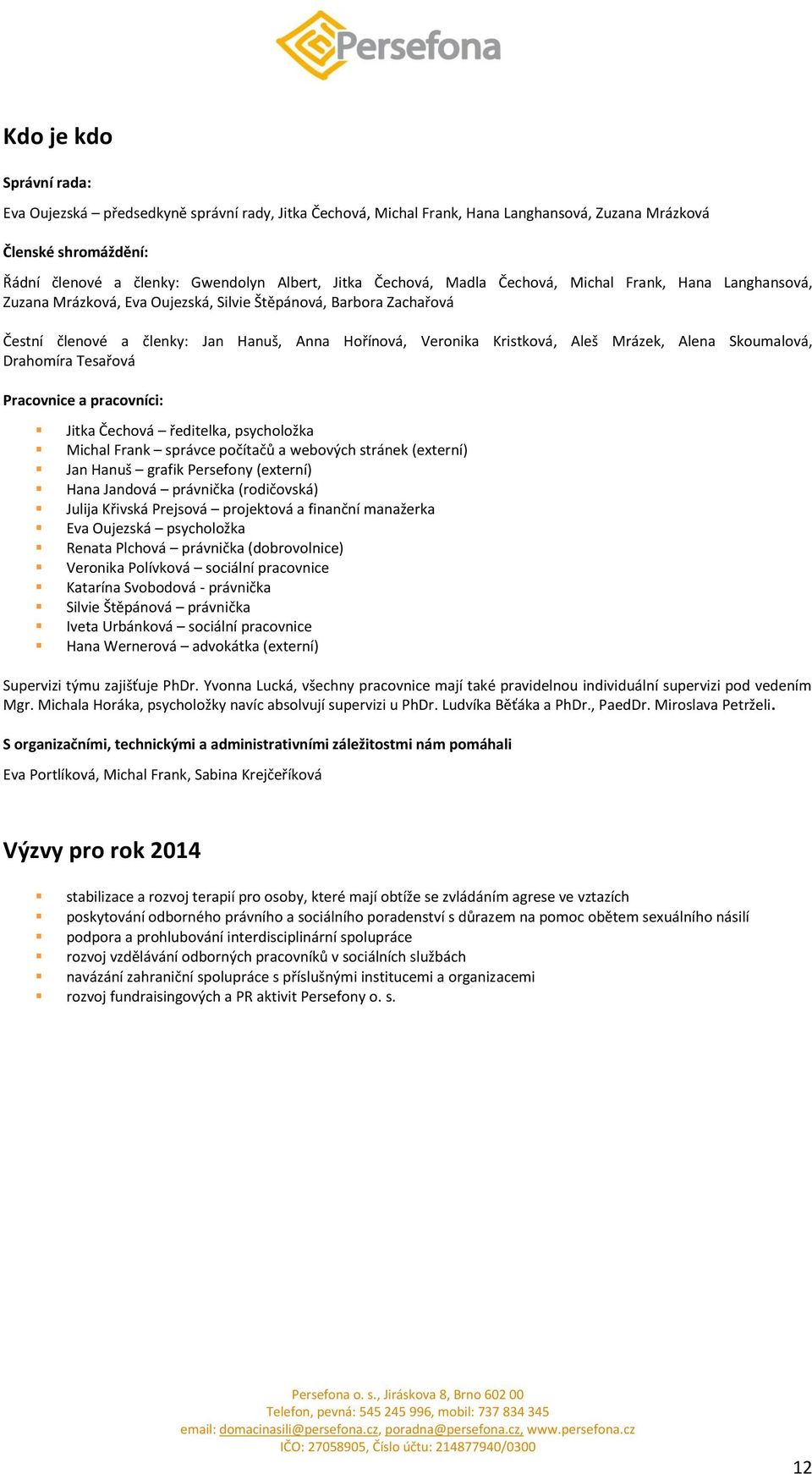 Mrázek, Alena Skoumalová, Drahomíra Tesařová Pracovnice a pracovníci: Jitka Čechová ředitelka, psycholožka Michal Frank správce počítačů a webových stránek (externí) Jan Hanuš grafik Persefony