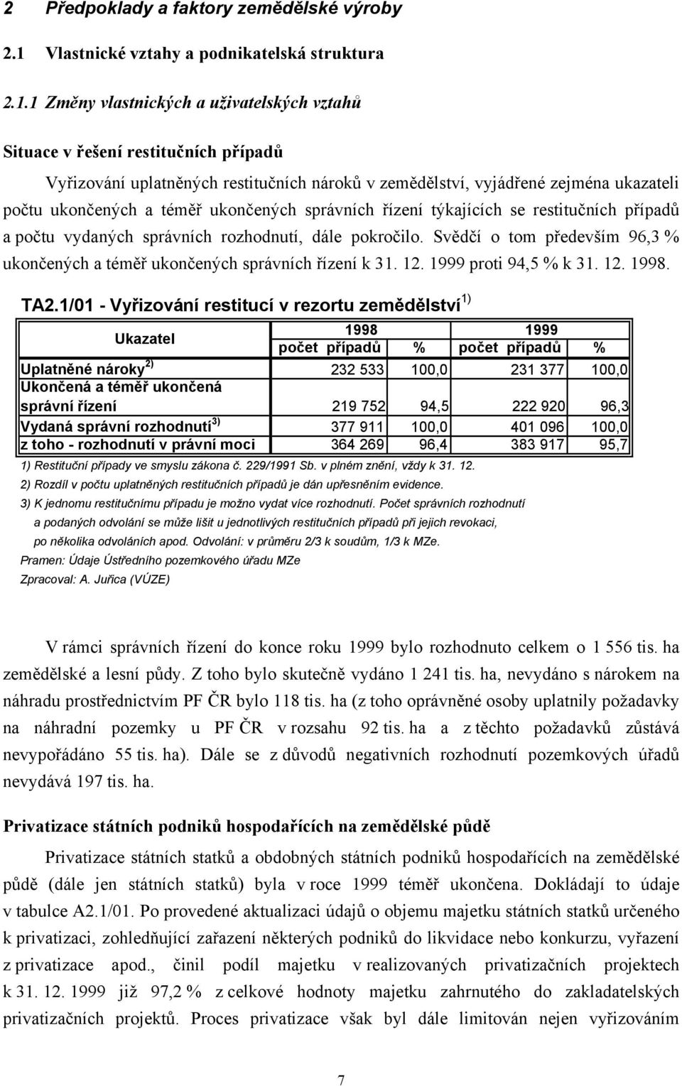 1 Změny vlastnických a uživatelských vztahů Situace v řešení restitučních případů Vyřizování uplatněných restitučních nároků v zemědělství, vyjádřené zejména ukazateli počtu ukončených a téměř