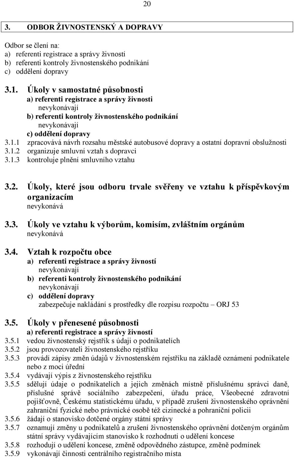 1 zpracovává návrh rozsahu městské autobusové dopravy a ostatní dopravní obslužnosti 3.1.2 organizuje smluvní vztah s dopravci 3.1.3 kontroluje plnění smluvního vztahu 3.2. Úkoly, které jsou odboru trvale svěřeny ve vztahu k příspěvkovým organizacím nevykonává 3.