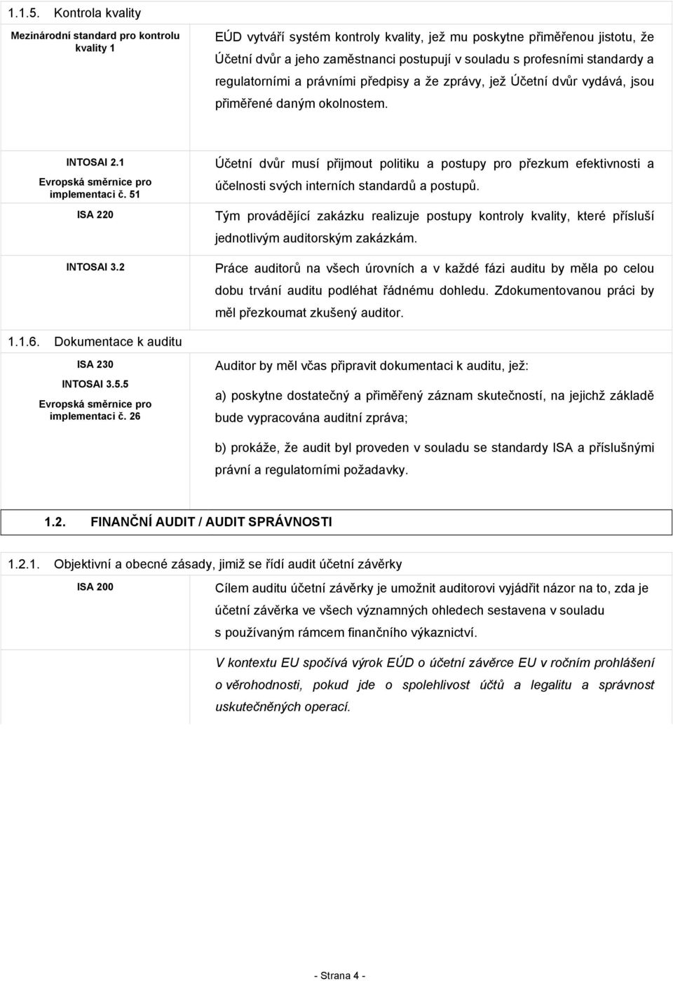 profesními standardy a regulatorními a právními předpisy a že zprávy, jež Účetní dvůr vydává, jsou přiměřené daným okolnostem. INTOSAI 2.1 implementaci č. 51 ISA 220 INTOSAI 3.