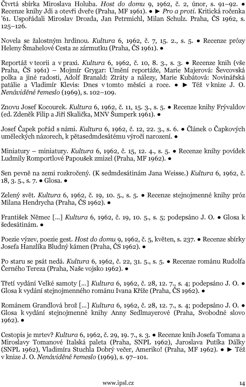 Recenze prózy Heleny Šmahelové Cesta ze zármutku (Praha, ČS 1961). Reportáž v teorii a v praxi. Kultura 6, 1962, č. 10, 8. 3.