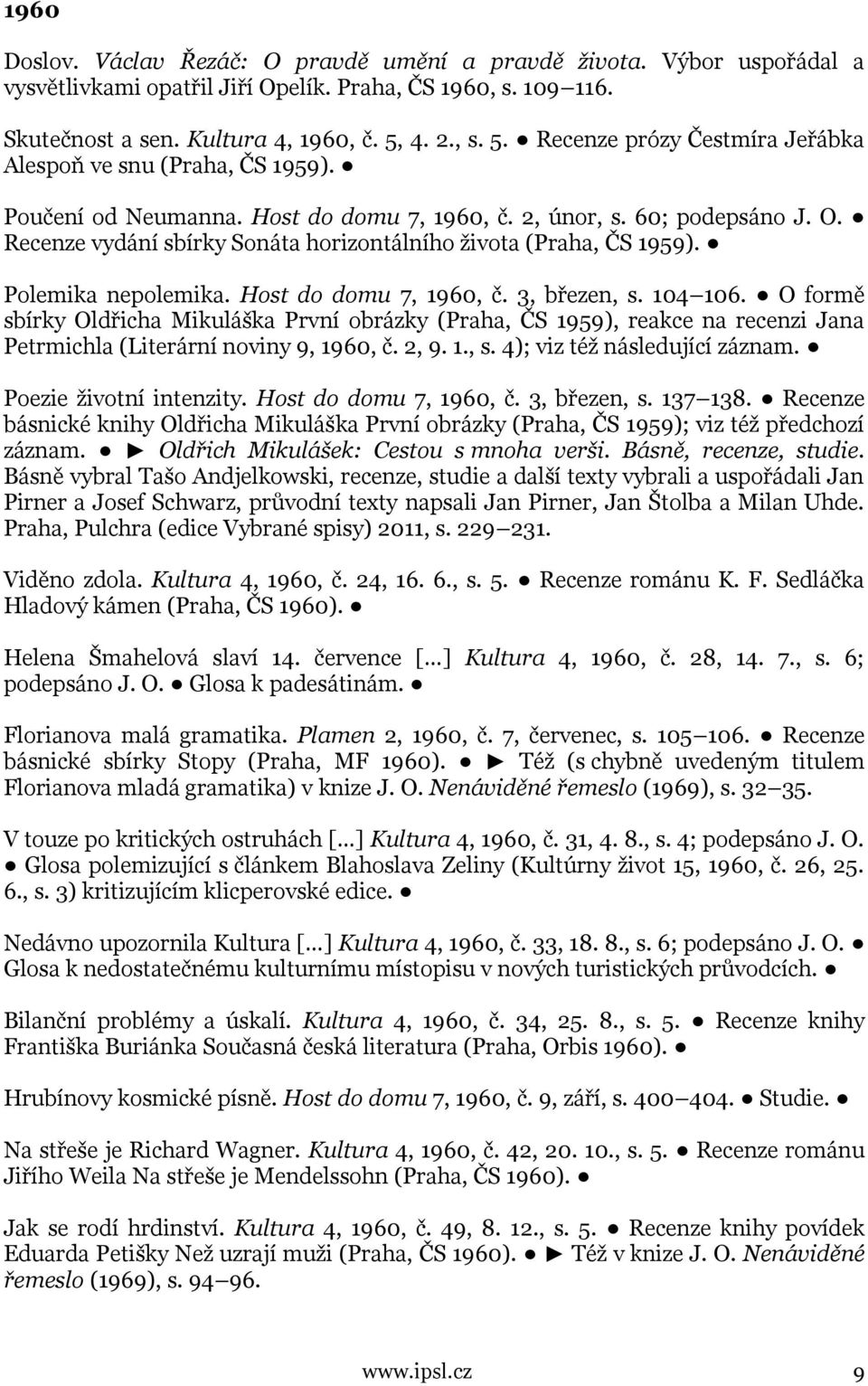 Recenze vydání sbírky Sonáta horizontálního života (Praha, ČS 1959). Polemika nepolemika. Host do domu 7, 1960, č. 3, březen, s. 104 106.