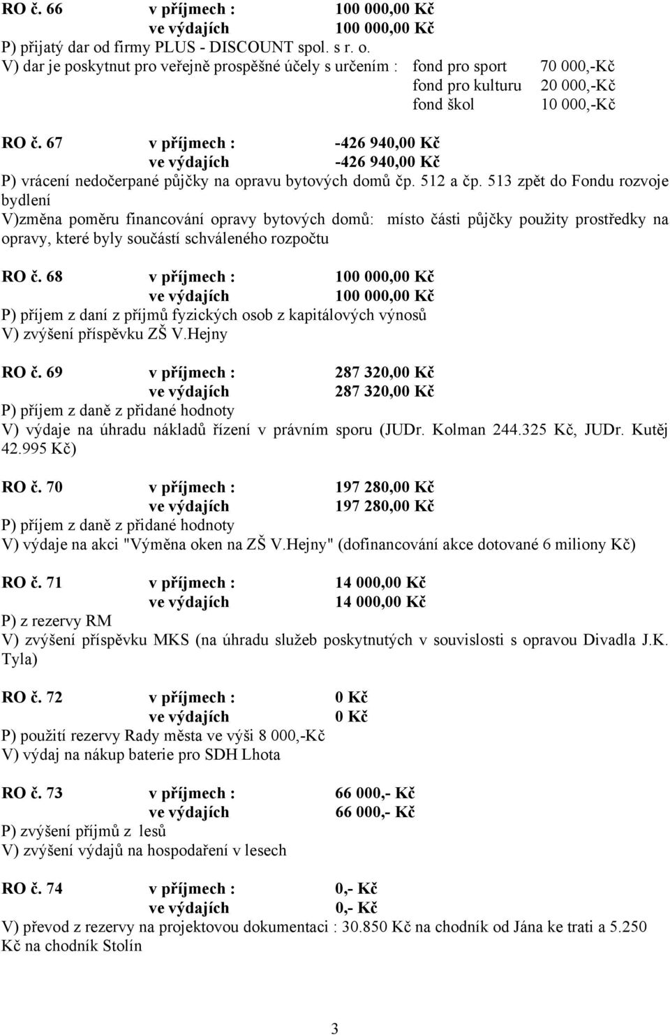 67 v příjmech : -426 940,00 Kč -426 940,00 Kč P) vrácení nedočerpané půjčky na opravu bytových domů čp. 512 a čp.