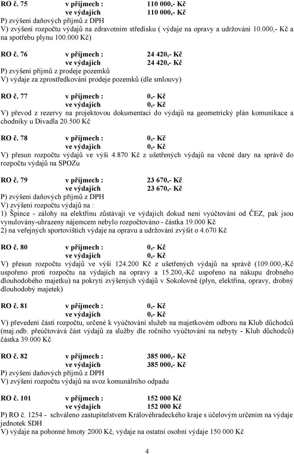 77 v příjmech : 0,- Kč 0,- Kč V) převod z rezervy na projektovou dokumentaci do výdajů na geometrický plán komunikace a chodníky u Divadla 20.500 Kč RO č.