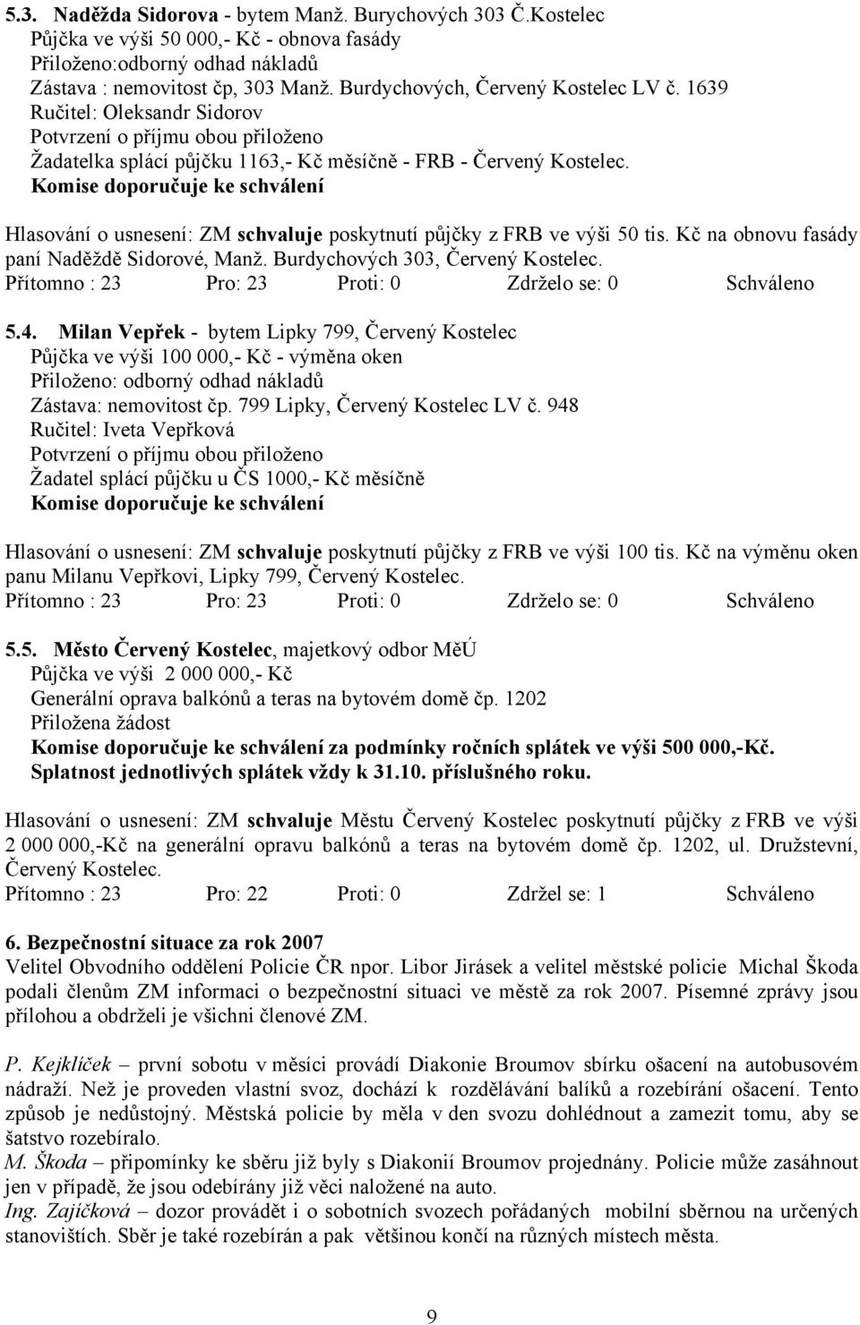 Komise doporučuje ke schválení Hlasování o usnesení: ZM schvaluje poskytnutí půjčky z FRB ve výši 50 tis. Kč na obnovu fasády paní Naděždě Sidorové, Manž. Burdychových 303, Červený Kostelec. 5.4.