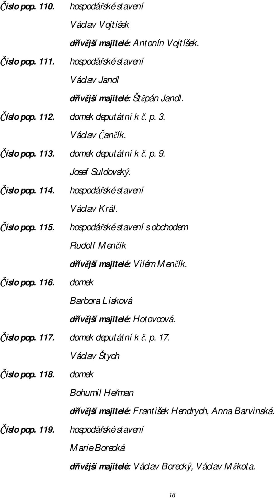 hospodářské stavení s obchodem Rudolf Menčík dřívější majitelé: Vilém Menčík. Číslo pop. 116. domek Barbora Lisková dřívější majitelé: Hotovcová. Číslo pop. 117. domek deputátní k č. p. 17.