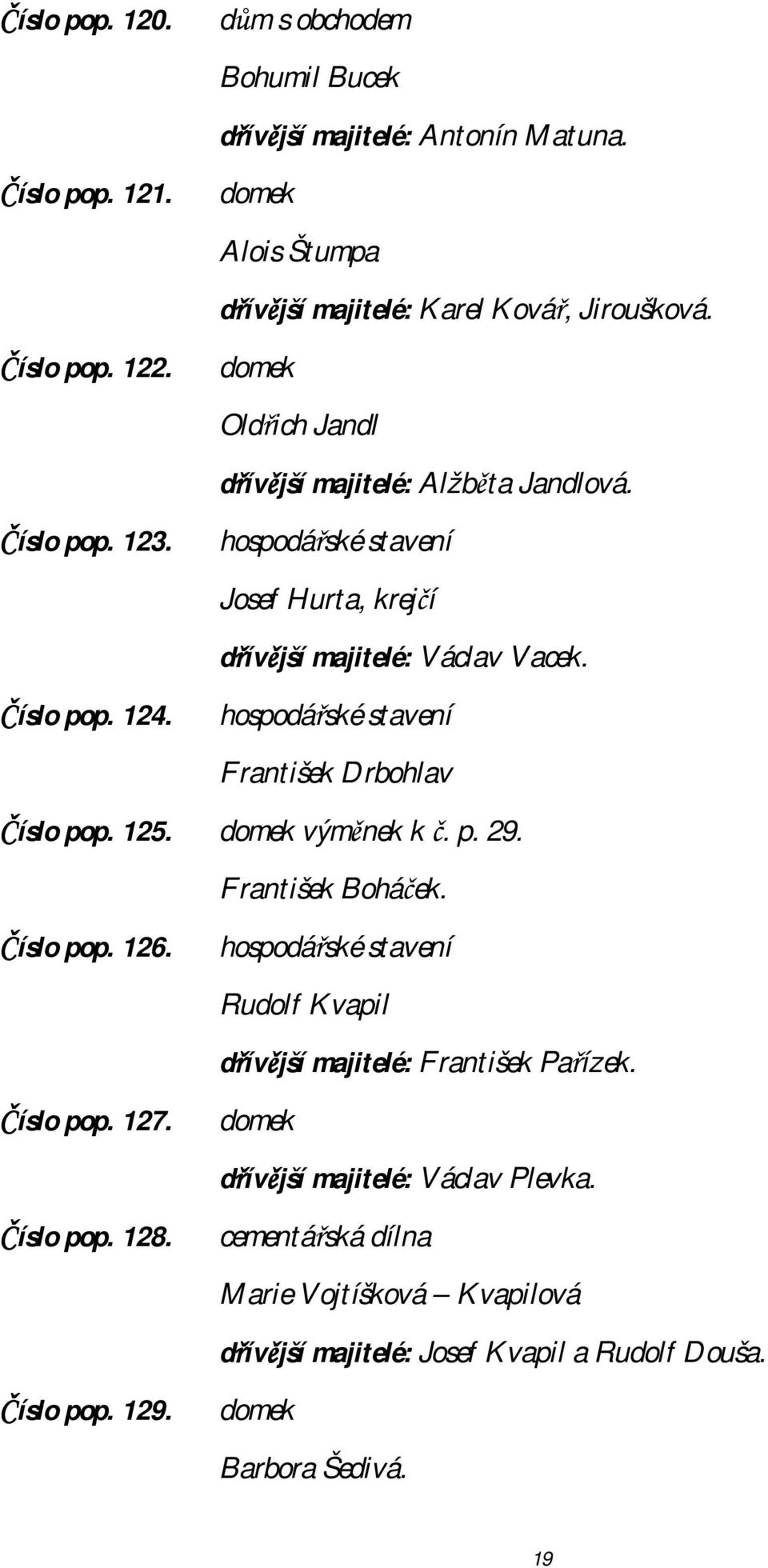 hospodářské stavení František Drbohlav Číslo pop. 125. domek výměnek k č. p. 29. František Boháček. Číslo pop. 126.