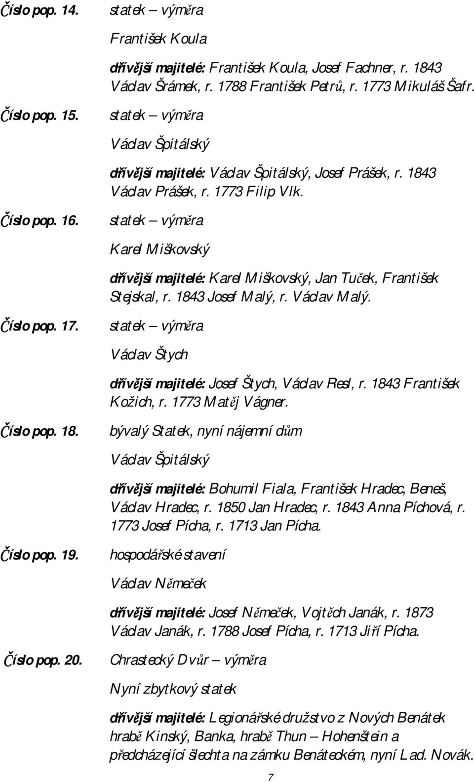 statek výměra Karel Miškovský dřívější majitelé: Karel Miškovský, Jan Tuček, František Stejskal, r. 1843 Josef Malý, r. Václav Malý.