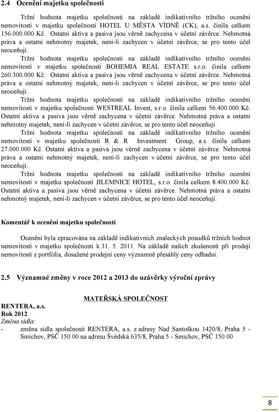 Tržní hodnota majetku společnosti na základě indikativního tržního ocenění nemovitostí v majetku společnosti BOHEMIA REAL ESTATE s.r.o. činila celkem 260.300.