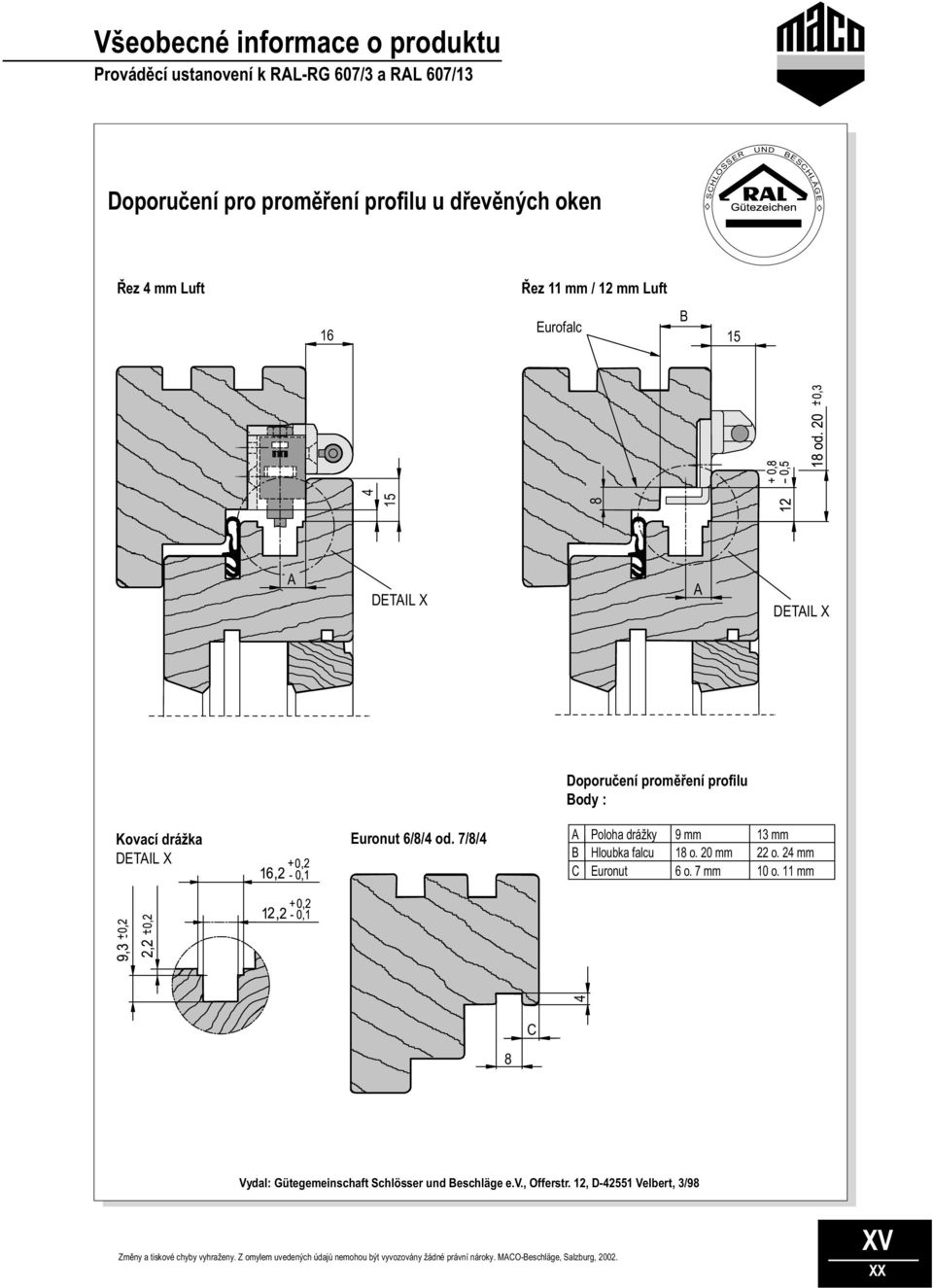 profilu Body : Kovací drážka DETAIL X Euronut 6/8/4 od. 7/8/4 A B C Poloha drážky Hloubka falcu Euronut 9 mm 13 mm 18 o.