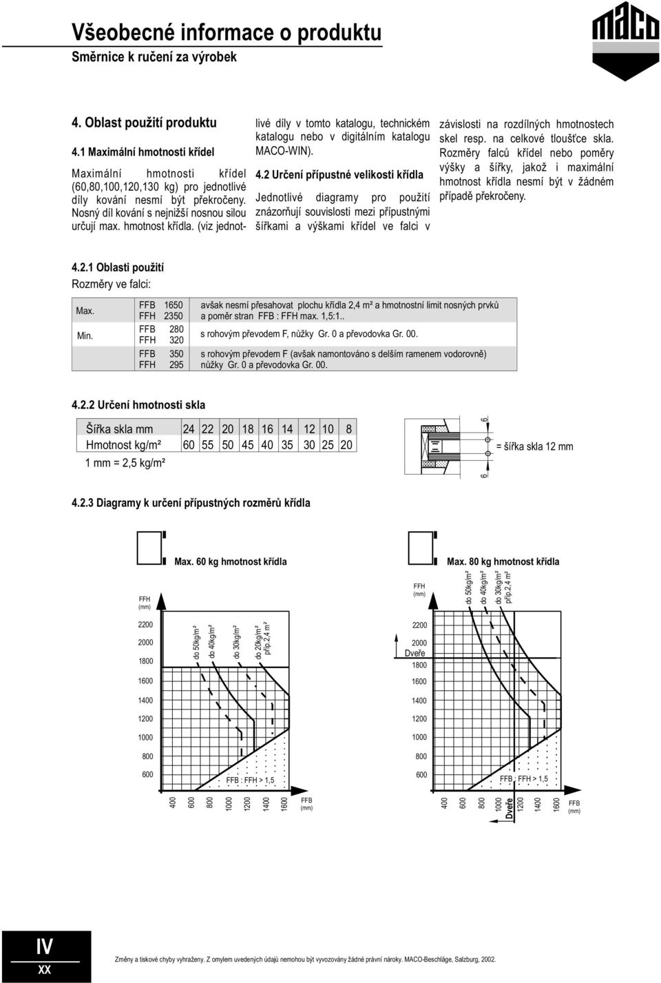 Jednotlivé diagramy pro použití Nosný díl kování s nejnižší nosnou silou určují max. hmotnost křídla.