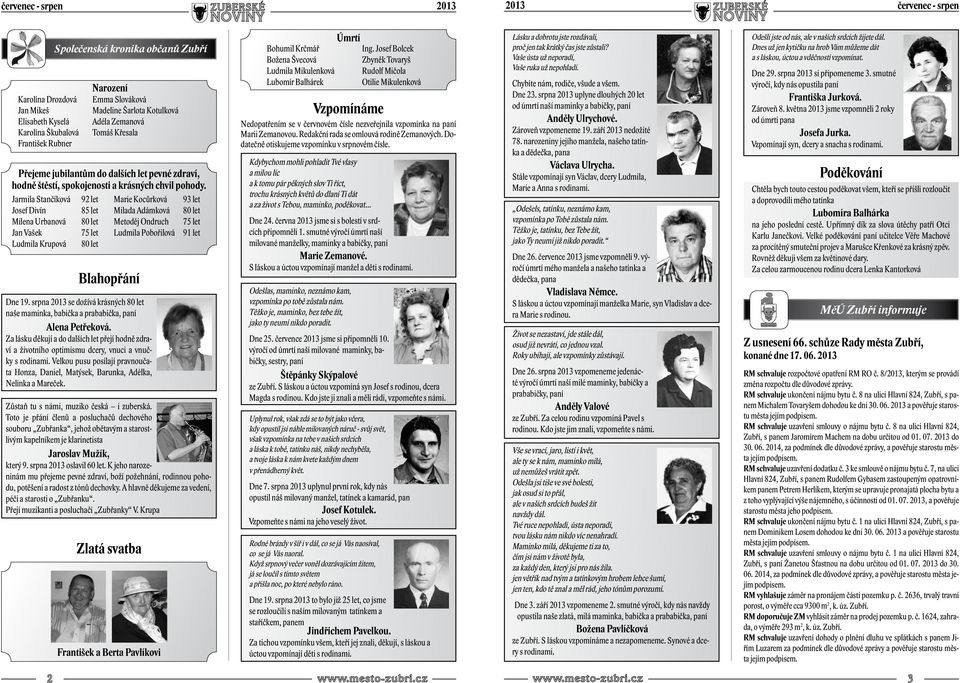 Jarmila Stančíková 92 let Marie Kocůrková 93 let Josef Divín 85 let Milada Adámková 80 let Milena Urbanová 80 let Metoděj Ondruch 75 let Jan Vašek 75 let Ludmila Pobořilová 91 let Ludmila Krupová 80