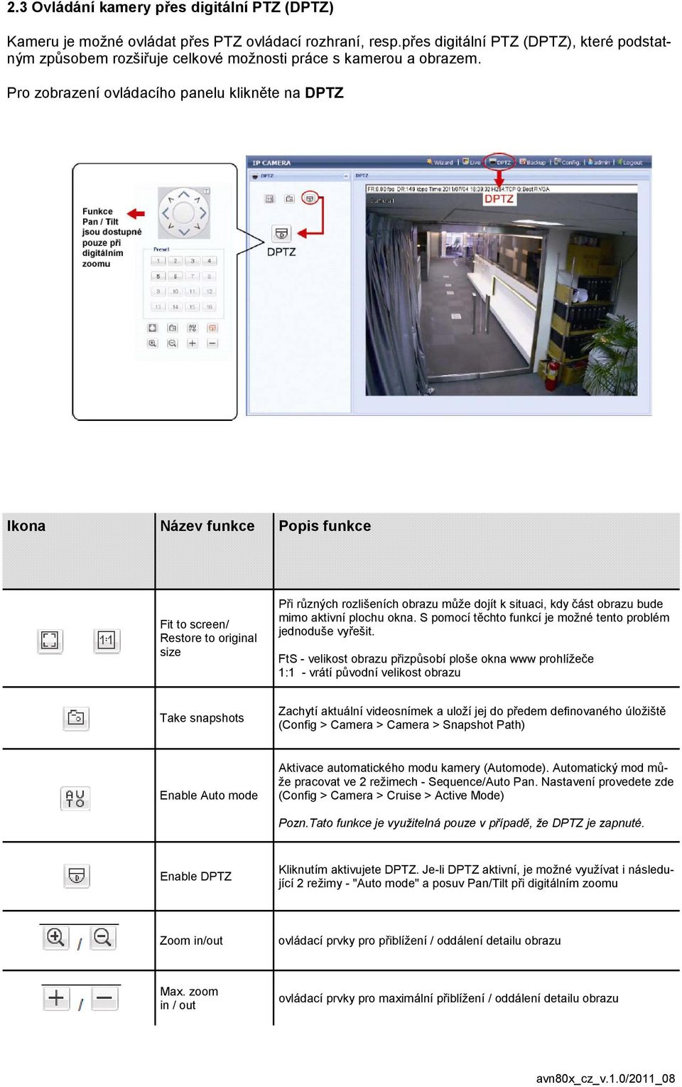 Pro zobrazení ovládacího panelu klikněte na DPTZ Ikona Název funkce Popis funkce Fit to screen/ Restore to original size Při různých rozlišeních obrazu může dojít k situaci, kdy část obrazu bude mimo