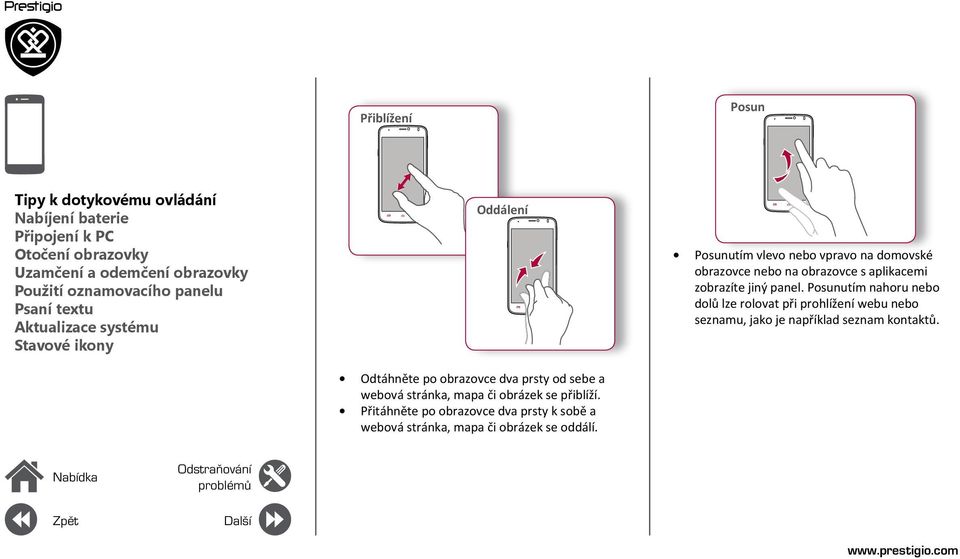přiblíží. Přitáhněte po obrazovce dva prsty k sobě a webová stránka, mapa či obrázek se oddálí.