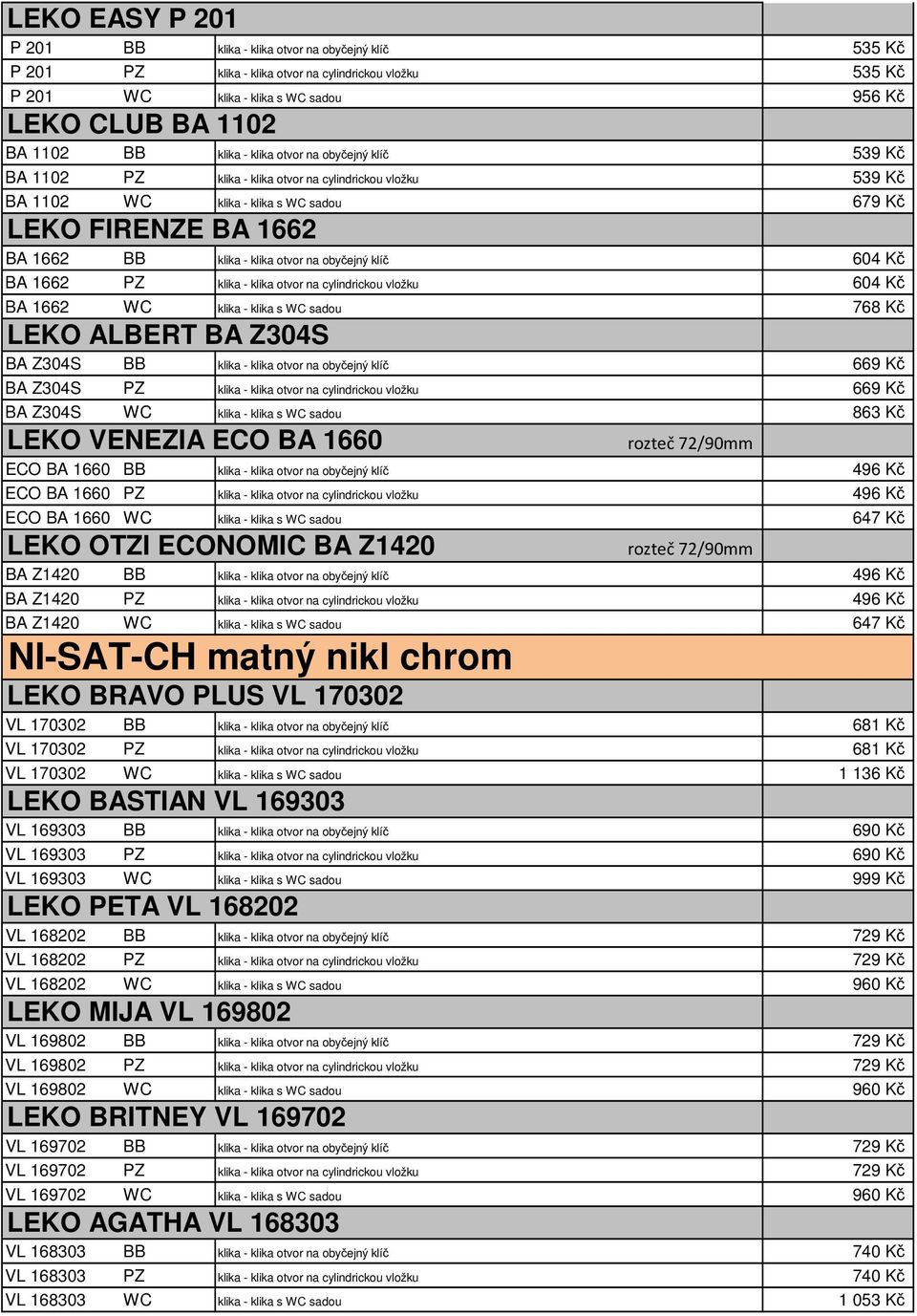 na obyčejný klíč 604 Kč BA 1662 PZ klika - klika otvor na cylindrickou vložku 604 Kč BA 1662 WC klika - klika s WC sadou 768 Kč LEKO ALBERT BA Z304S BA Z304S BB klika - klika otvor na obyčejný klíč