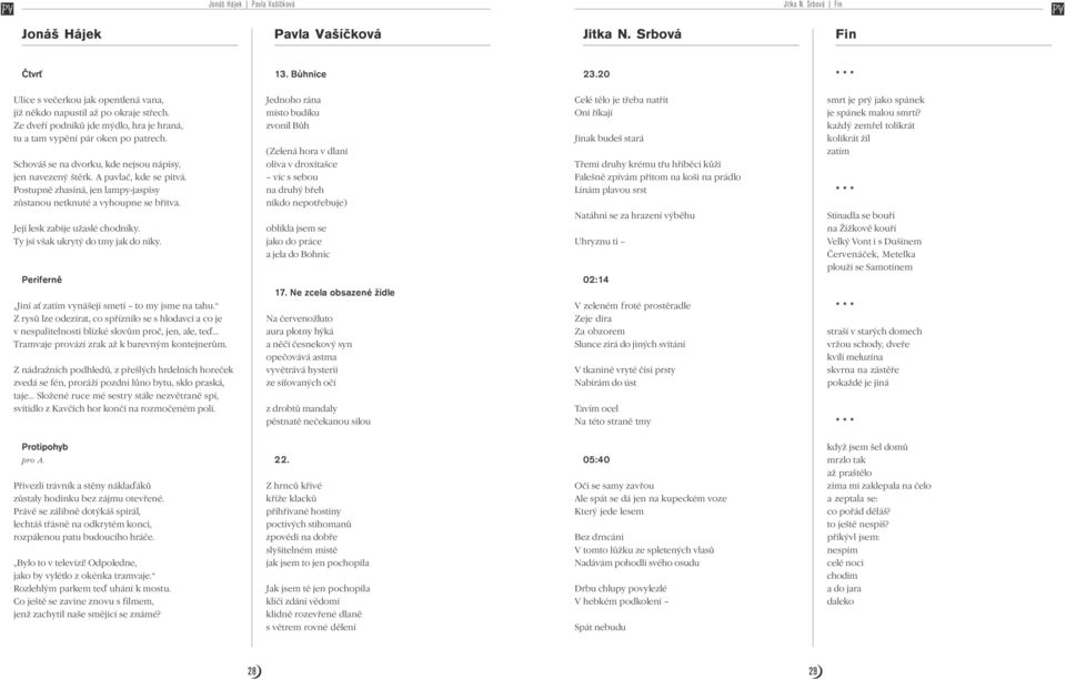 štìrk A pavlaè, kde se pitvá Postupnì zhasíná, jen lampy-jaspisy zùstanou netknuté a vyhoupne se bøitva Její lesk zabije užaslé chodníky Ty jsi však ukrytý do tmy jak do niky Perifernì Jiní a zatím