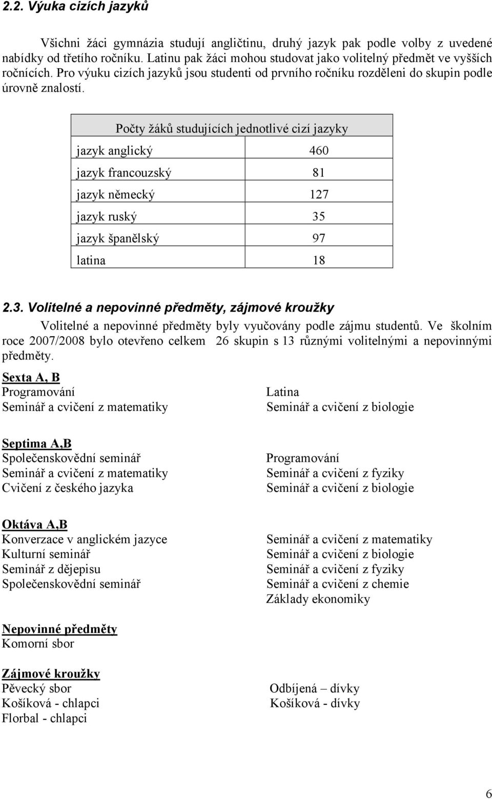 Počty žáků studujících jednotlivé cizí jazyky jazyk anglický 460 jazyk francouzský 81 jazyk německý 127 jazyk ruský 35