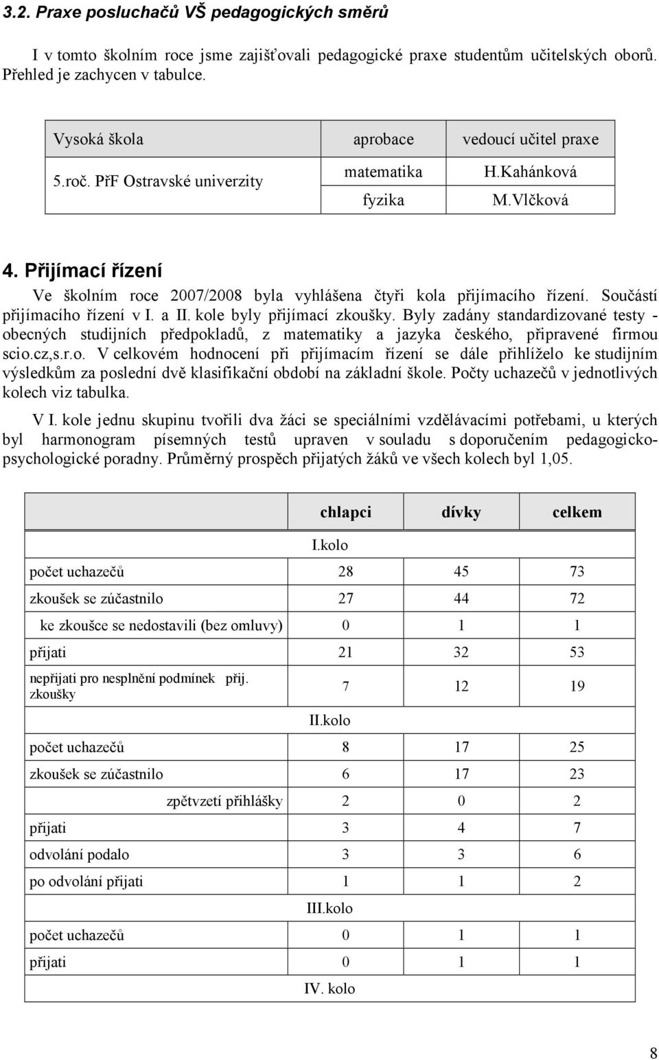 Přijímací řízení Ve školním roce 2007/2008 byla vyhlášena čtyři kola přijímacího řízení. Součástí přijímacího řízení v I. a II. kole byly přijímací zkoušky.