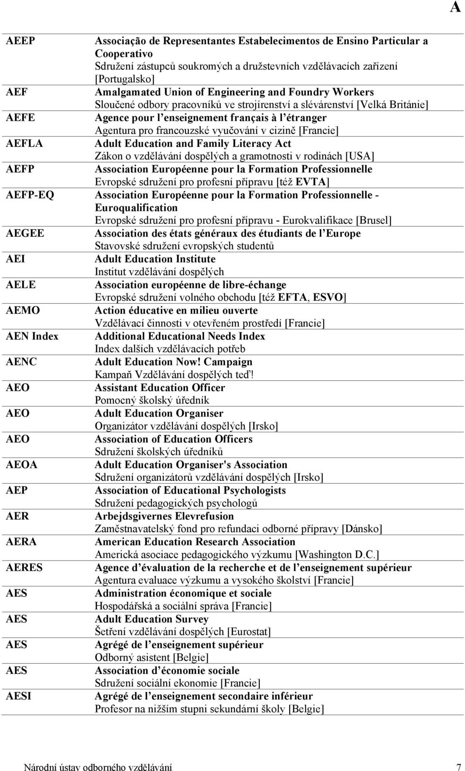 vyučování v cizině [Francie] Adult Education and Family Literacy Act Zákon o vzdělávání dospělých a gramotnosti v rodinách [USA] Association Européenne pour la Formation Professionnelle Evropské