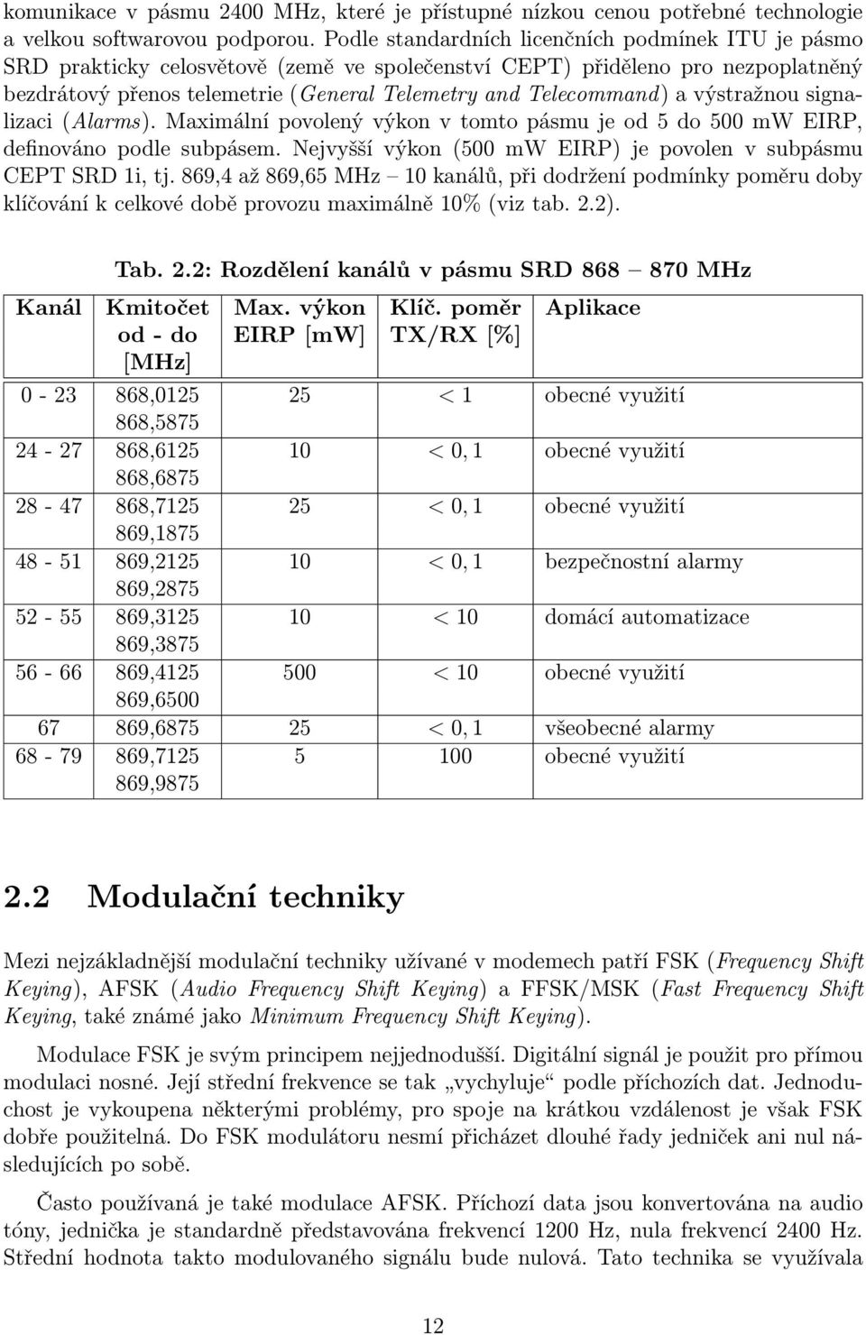 a výstražnou signalizaci (Alarms). Maximální povolený výkon v tomto pásmu je od 5 do 500 mw EIRP, definováno podle subpásem. Nejvyšší výkon (500 mw EIRP) je povolen v subpásmu CEPT SRD 1i, tj.