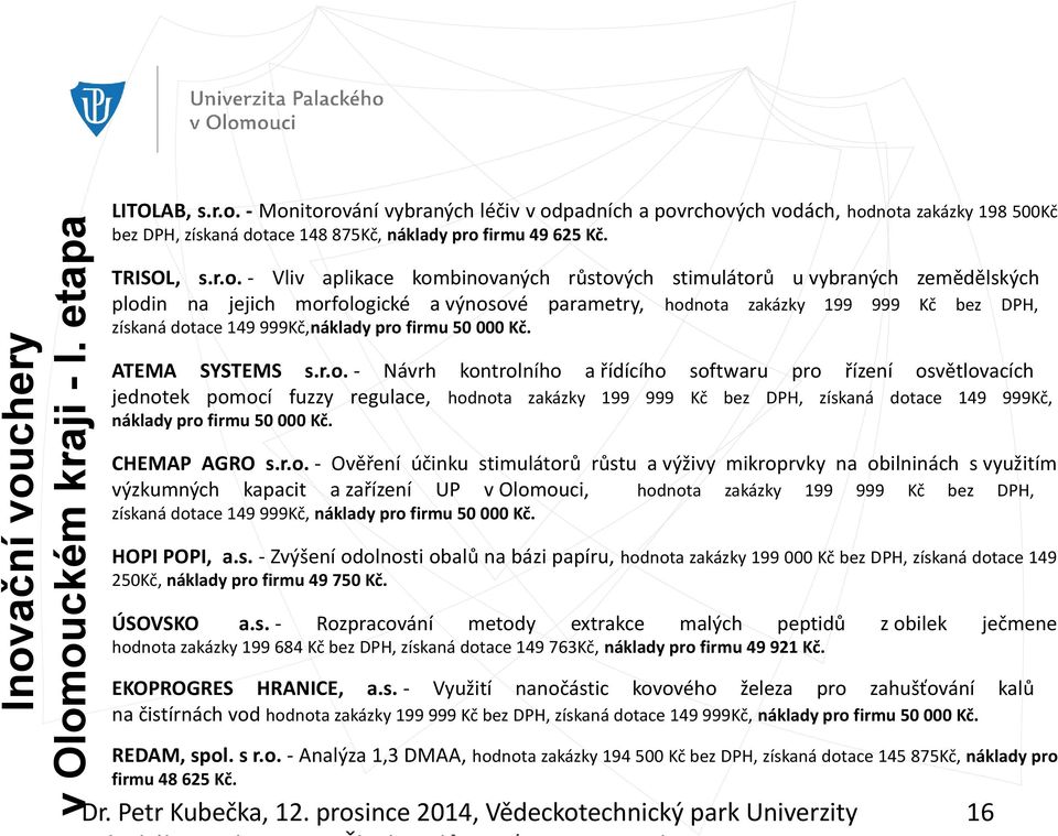 - Vliv aplikace kombinovaných růstových stimulátorů u vybraných zemědělských plodin na jejich morfologické a výnosové parametry, hodnota zakázky 199 999 Kč bez DPH, získaná dotace 149 999Kč,náklady