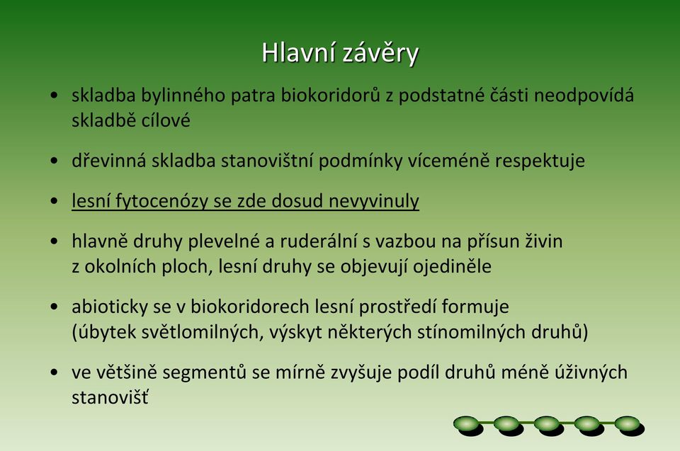 živin z okolních ploch, lesní druhy se objevují ojediněle abioticky se v biokoridorech lesní prostředí formuje (úbytek