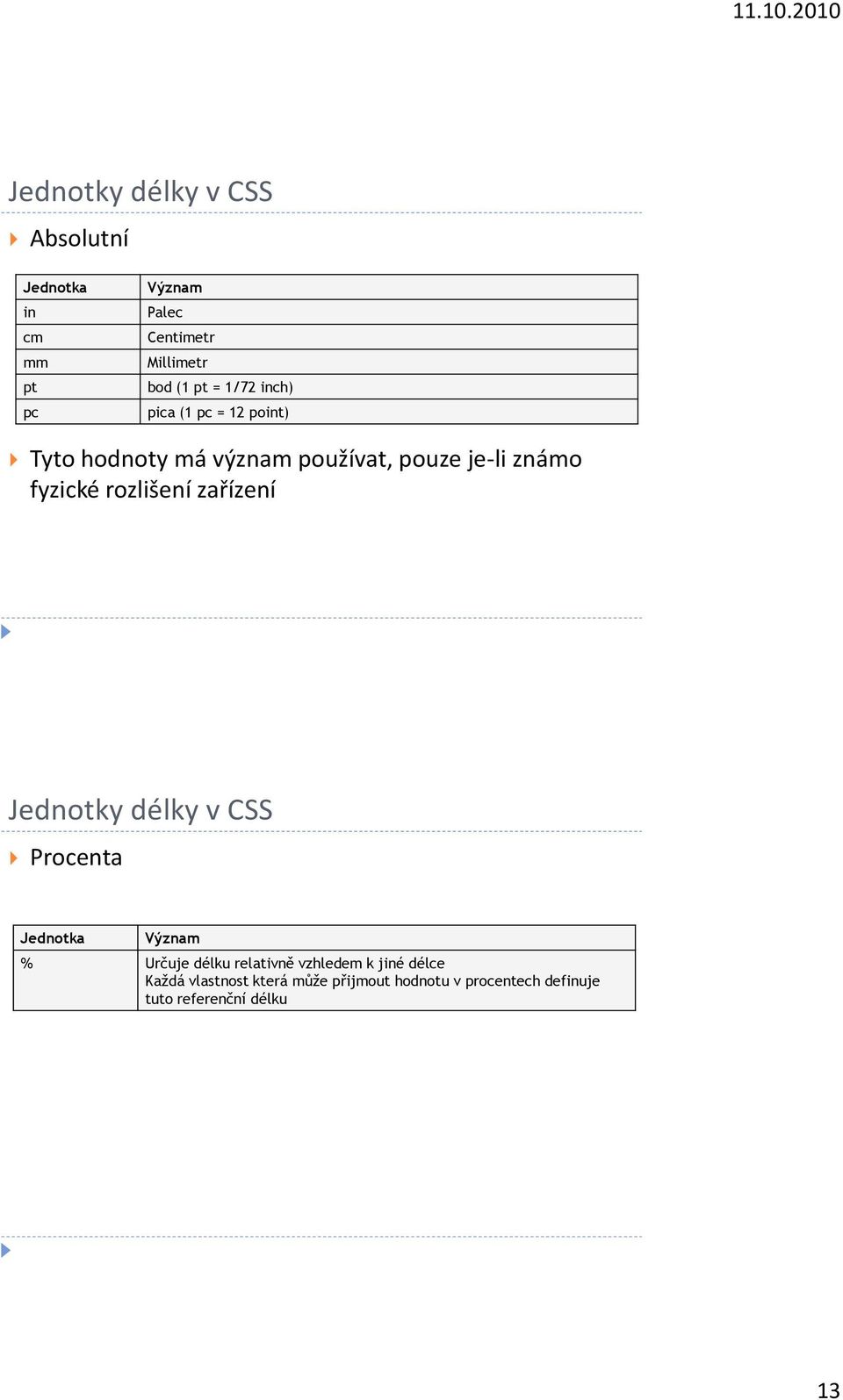 rozlišení zařízení Jednotky délky v CSS Procenta Jednotka Význam % Určuje délku relativně vzhledem