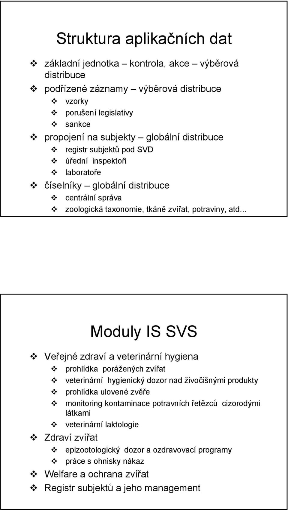 .. Moduly IS SVS Veřejné zdraví a veterinární hygiena prohlídka porážených zvířat veterinární hygienický dozor nad živočišnými produkty prohlídka ulovené zvěře monitoring kontaminace