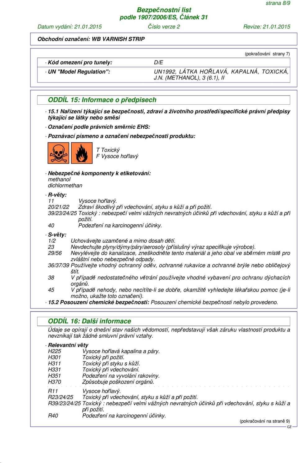 nebezpečnosti produktu: T Toxický F Vysoce hořlavý Nebezpečné komponenty k etiketování: methanol dichlormethan R-věty: 11 Vysoce hořlavý.