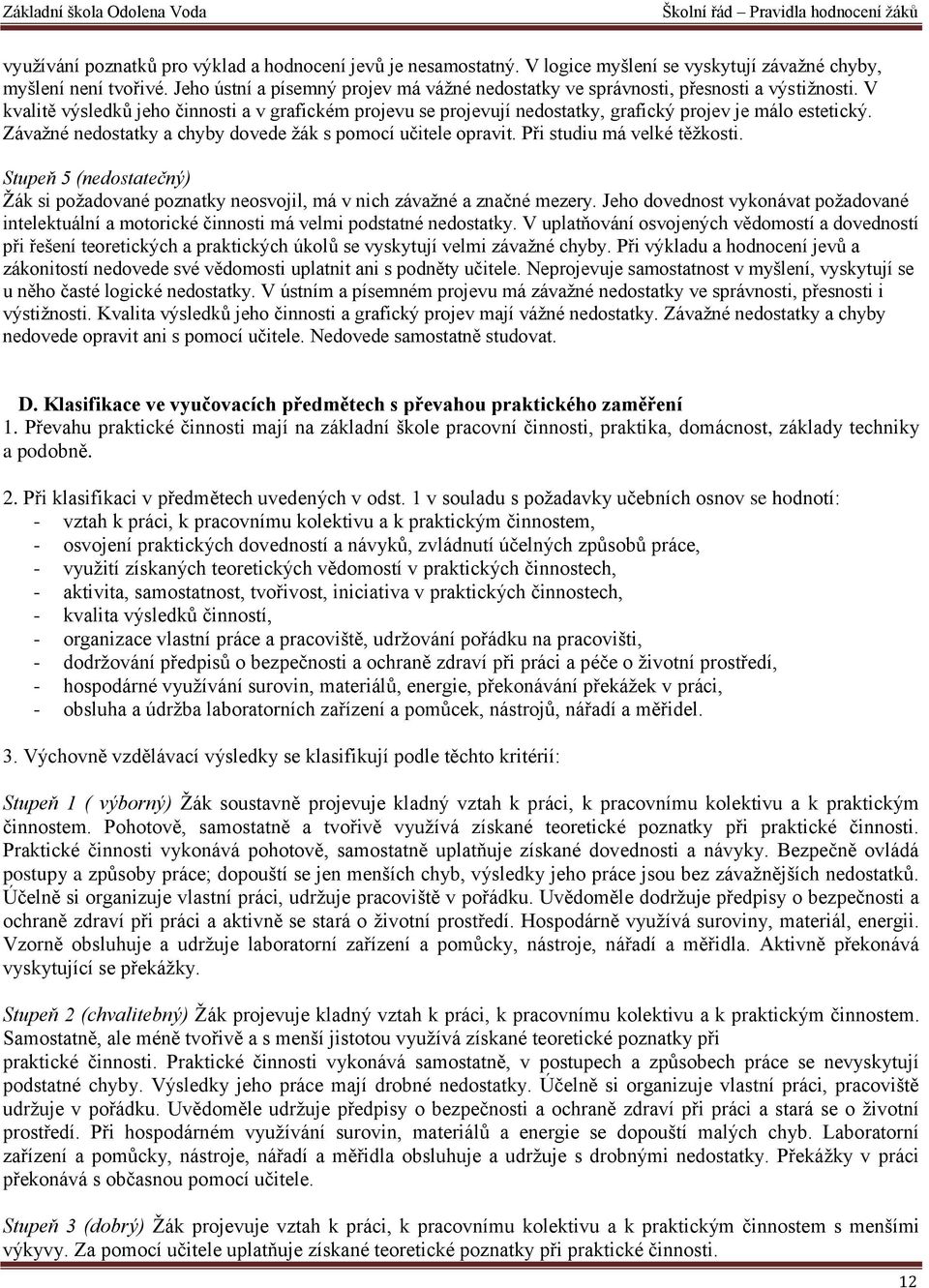 V kvalitě výsledků jeho činnosti a v grafickém projevu se projevují nedostatky, grafický projev je málo estetický. Závažné nedostatky a chyby dovede žák s pomocí učitele opravit.