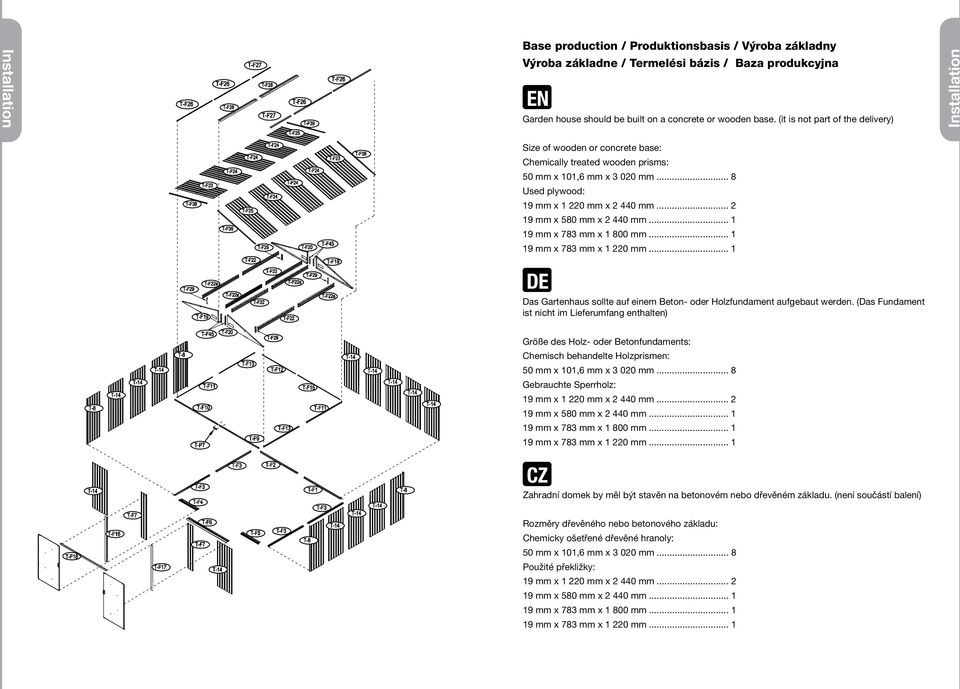 .. 2 19 mm x 580 mm x 2 440 mm... 1 19 mm x 783 mm x 1 800 mm... 1 19 mm x 783 mm x 1 220 mm... 1 DE Das Gartenhaus sollte auf einem Beton- oder Holzfundament aufgebaut werden.