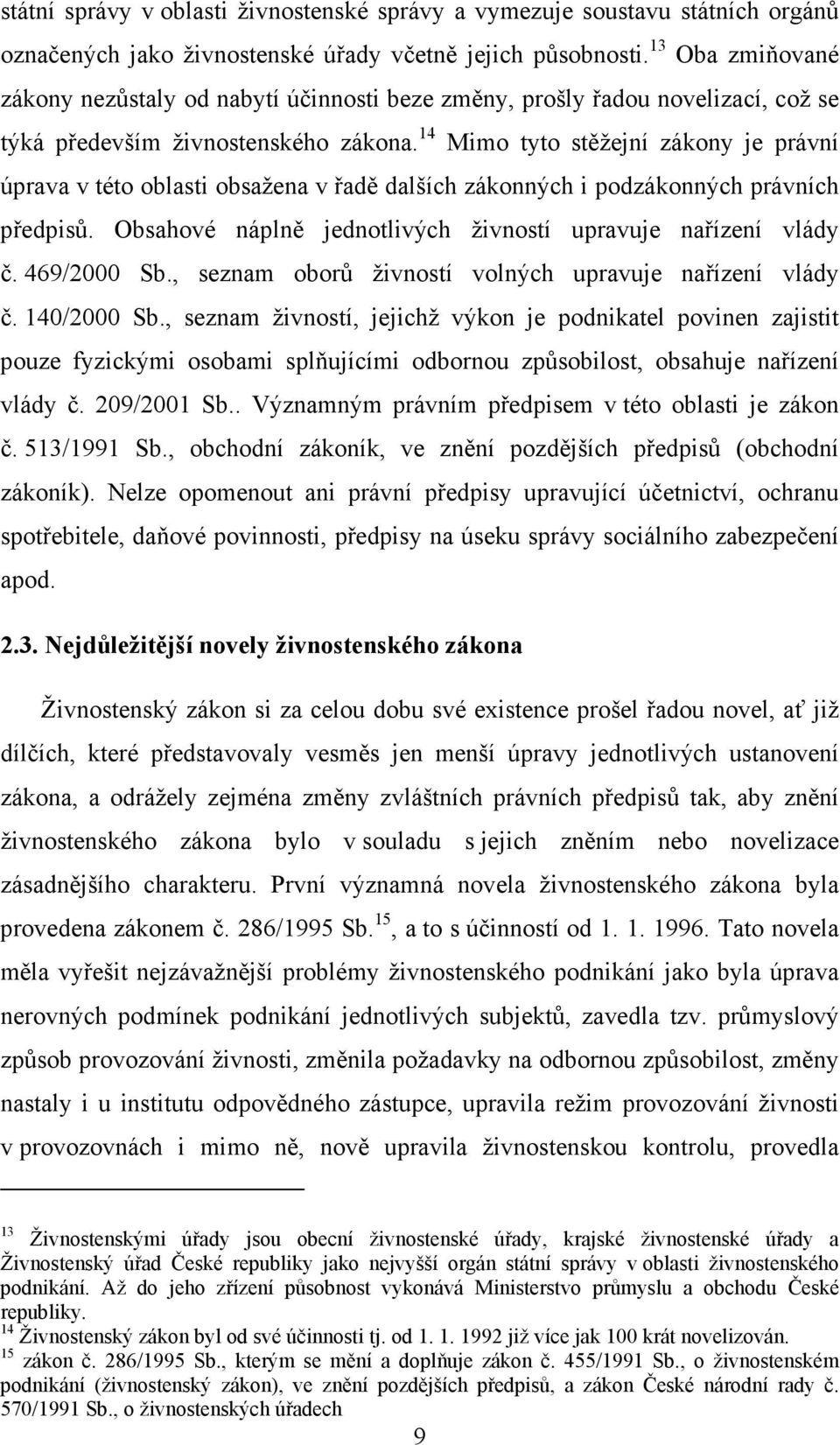 14 Mimo tyto stěžejní zákony je právní úprava v této oblasti obsažena v řadě dalších zákonných i podzákonných právních předpisů. Obsahové náplně jednotlivých živností upravuje nařízení vlády č.