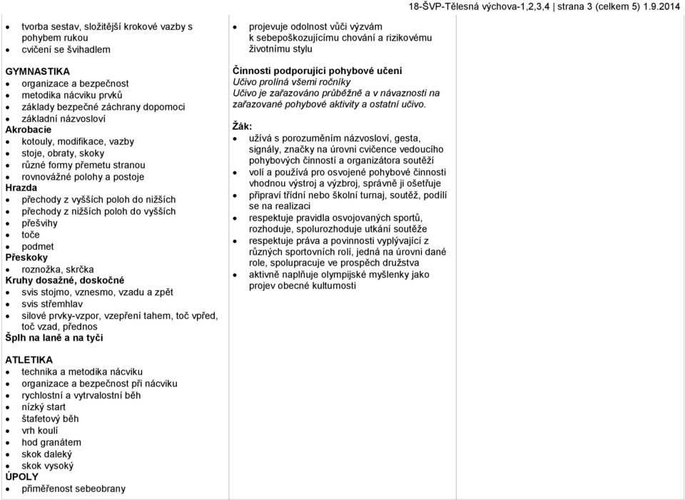 bezpečnost metodika nácviku prvků základy bezpečné záchrany dopomoci základní názvosloví Akrobacie kotouly, modifikace, vazby stoje, obraty, skoky různé formy přemetu stranou rovnovážné polohy a