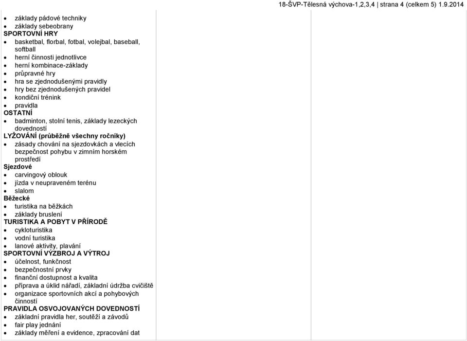 zjednodušenými pravidly hry bez zjednodušených pravidel kondiční trénink pravidla OSTATNÍ badminton, stolní tenis, základy lezeckých dovedností LYŽOVÁNÍ (průběžně všechny ročníky) zásady chování na