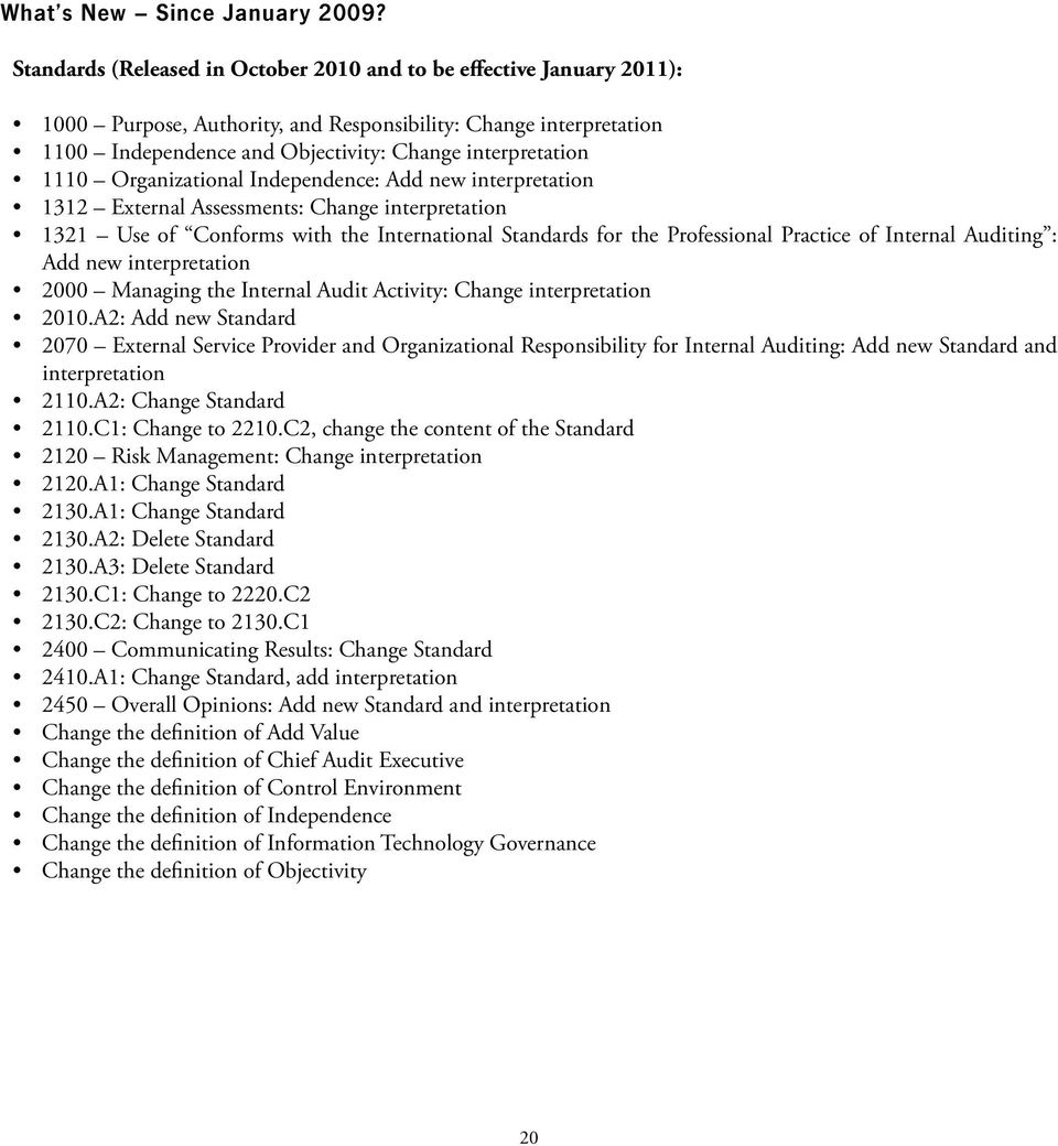 Organizational Independence: Add new interpretation 1312 External Assessments: Change interpretation 1321 Use of Conforms with the International Standards for the Professional Practice of Internal