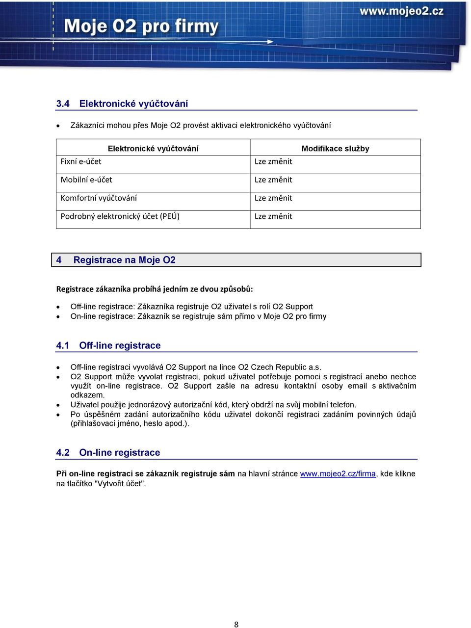 uživatel s rolí O2 Support On-line registrace: Zákazník se registruje sám přímo v Moje O2 pro firmy 4.1 Off-line registrace Off-line registraci vyvolává O2 Support na lince O2 Czech Republic a.s. O2 Support může vyvolat registraci, pokud uživatel potřebuje pomoci s registrací anebo nechce využít on-line registrace.