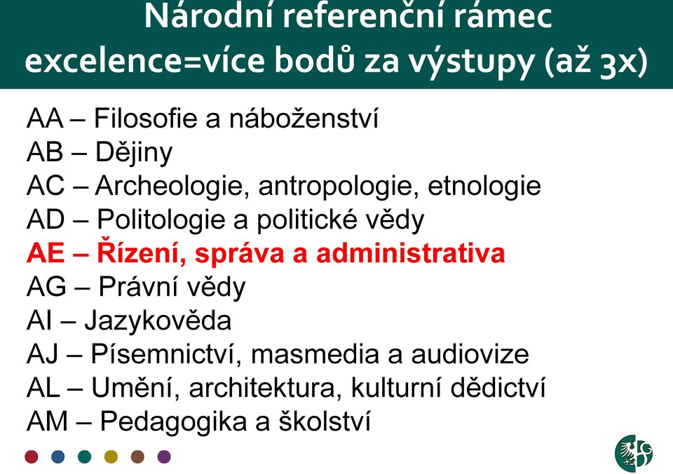 politické vědy AE Řízení, správa a administrativa AG Právní vědy AI Jazykověda AJ