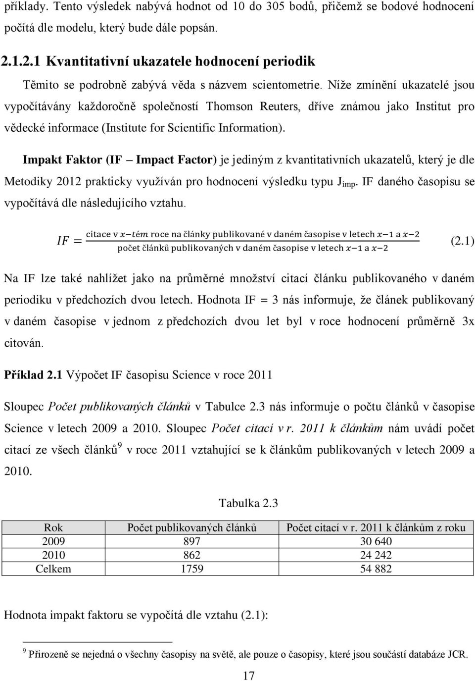 Níže zmínění ukazatelé jsou vypočítávány každoročně společností Thomson Reuters, dříve známou jako Institut pro vědecké informace (Institute for Scientific Information).