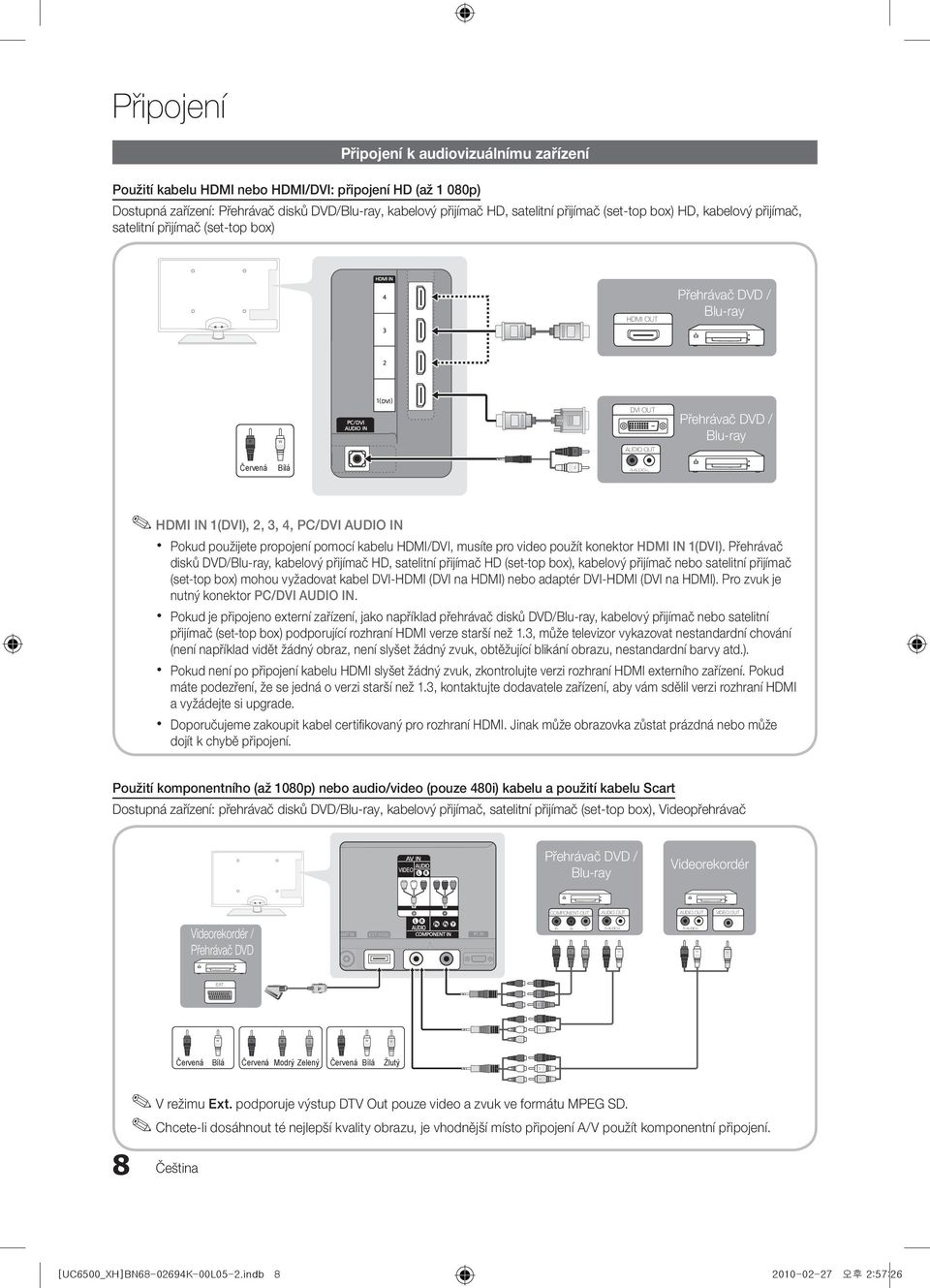 2, 3, 4, PC/DVI AUDIO IN x Pokud použijete propojení pomocí kabelu HDMI/DVI, musíte pro video použít konektor HDMI IN 1(DVI).