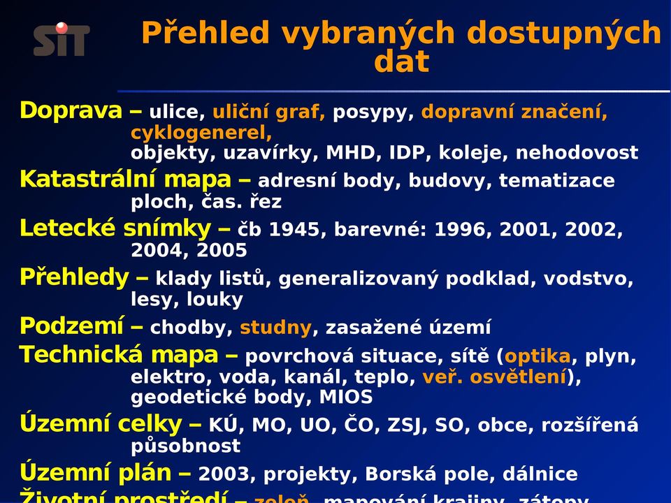 řez Letecké snímky čb 1945, barevné: 1996, 2001, 2002, 2004, 2005 Přehledy klady listů, generalizovaný podklad, vodstvo, lesy, louky Podzemí chodby,