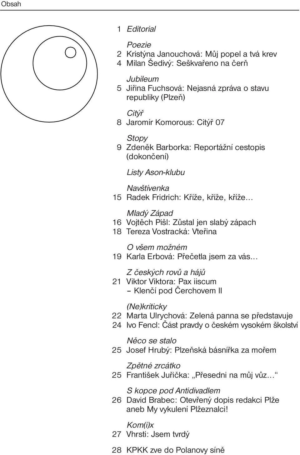 .. Mladý Západ 16 Vojtěch Pišl: Zůstal jen slabý zápach 18 Tereza Vostracká: Vteřina O všem možném 19 Karla Erbová: Přečetla jsem za vás.