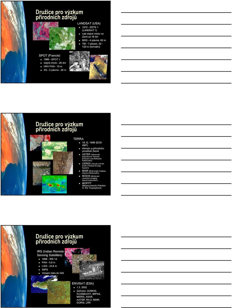 1999 (EOS AM1) Klimatu a přírodního prostředí Země ASTER (Advanced Spaceborne Thermal Emission and Reflection Radiometer) CERES (Clouds and the Earth's Radiant Energy System) MISR (Multi-angle