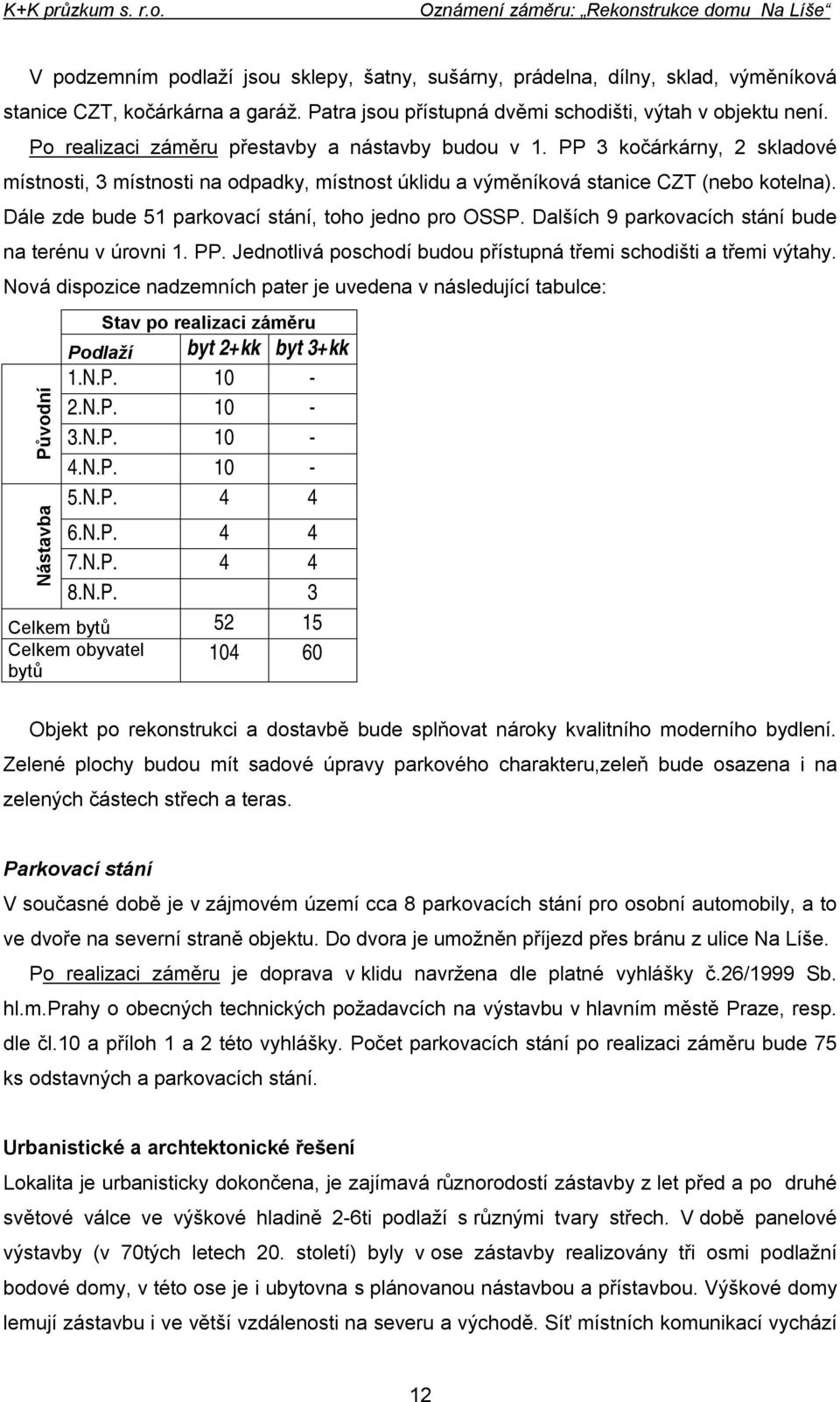 Dále zde bude 51 parkovací stání, toho jedno pro OSSP. Dalších 9 parkovacích stání bude na terénu v úrovni 1. PP. Jednotlivá poschodí budou přístupná třemi schodišti a třemi výtahy.