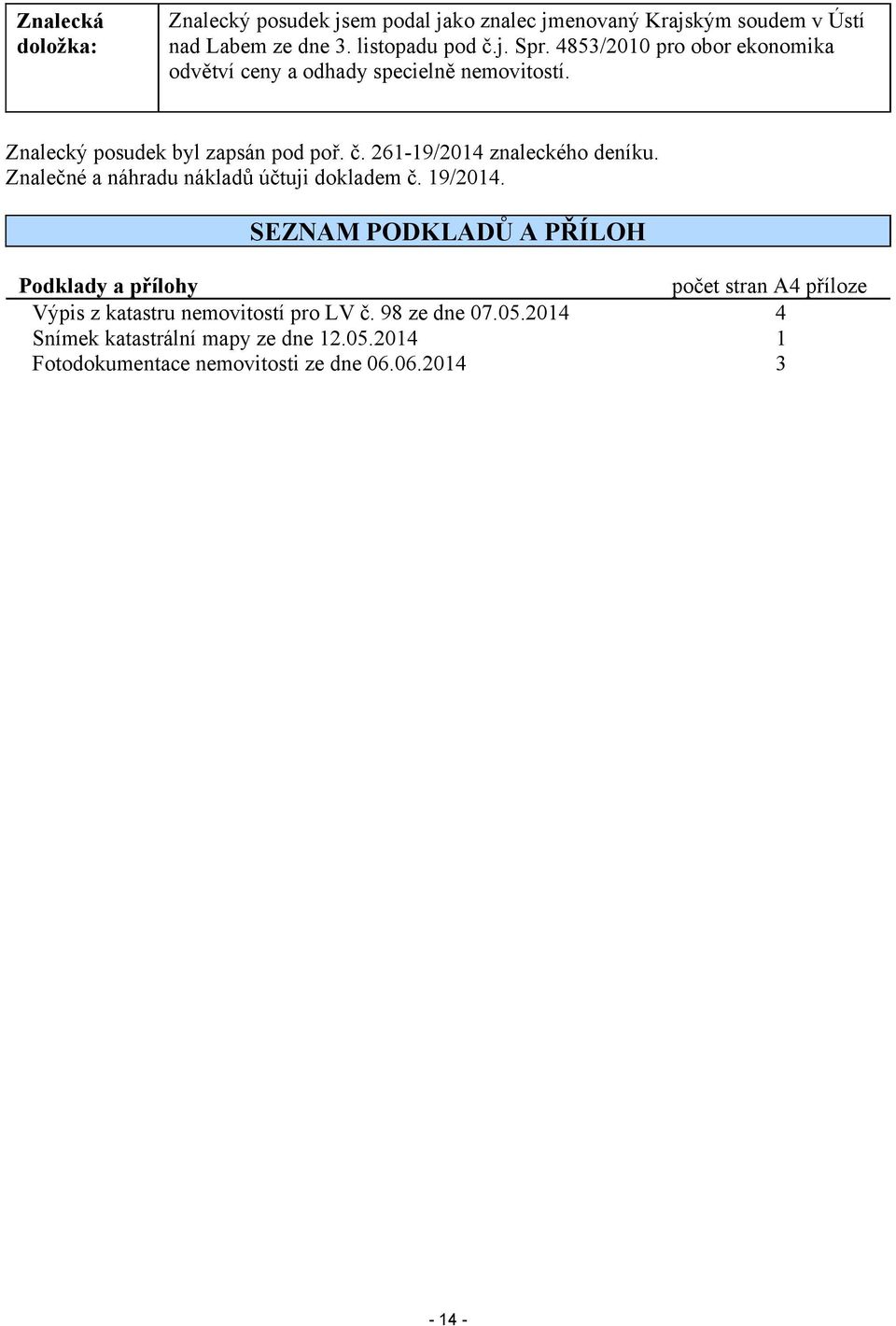 261-19/2014 znaleckého deníku. Znalečné a náhradu nákladů účtuji dokladem č. 19/2014.