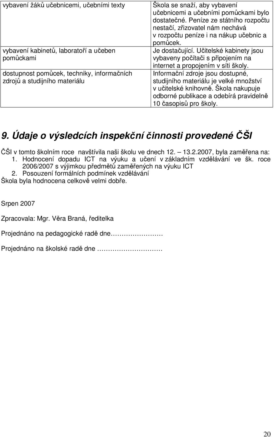 Učitelské kabinety jsou vybaveny počítači s připojením na internet a propojením v síti školy. Informační zdroje jsou dostupné, studijního materiálu je velké množství v učitelské knihovně.