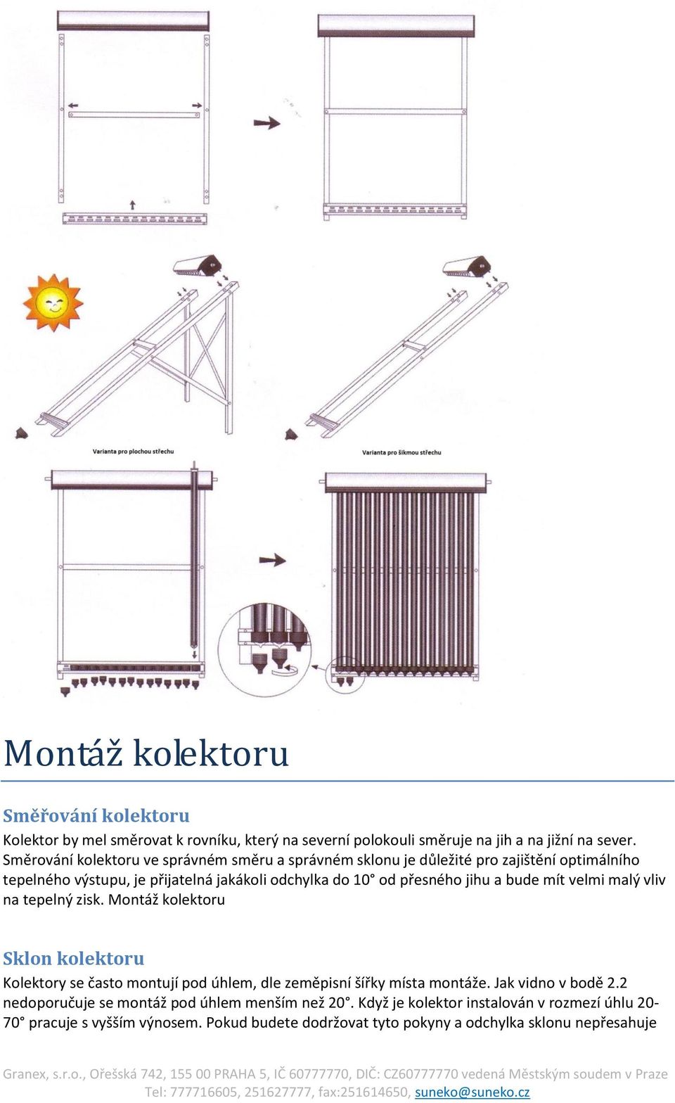 jihu a bude mít velmi malý vliv na tepelný zisk. Montáž kolektoru Sklon kolektoru Kolektory se často montují pod úhlem, dle zeměpisní šířky místa montáže.