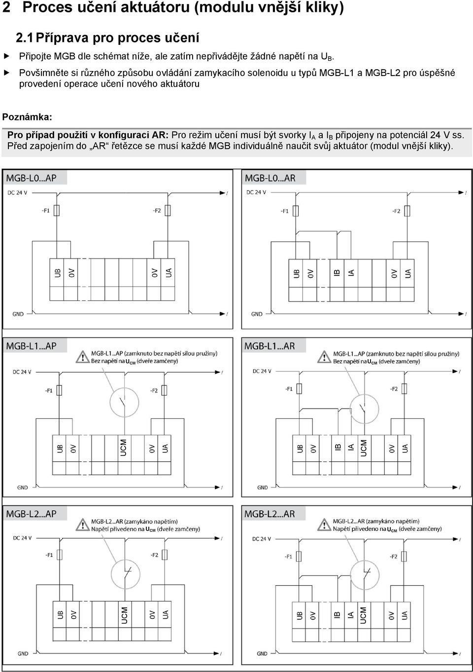 Povšimněte si různého způsobu ovládání zamykacího solenoidu u typů MGB-L1 a MGB-L2 pro úspěšné provedení operace učení nového aktuátoru